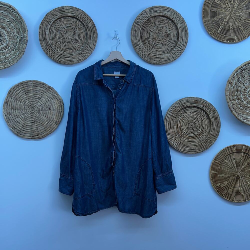 Chico's Blue Button Up Long Sleeve Faux Denim Shirt Top Casual Plus Size 20